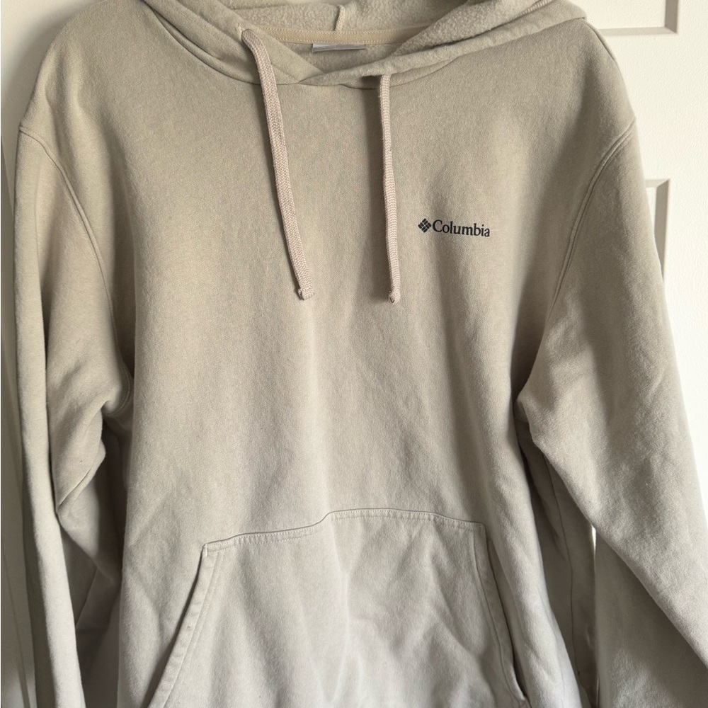 Columbia Graphic Hoodie Beige Cream Fleece Pullover XL Unisex